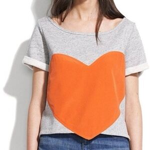 Grey cotton terry short sleeve sweatshirt with red silk heart - Small